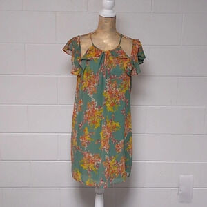 BLUE RAIN SHEER FLORAL OVER SAGE GREEN, SPAGETTI STRAP, RUFFLE DRESS